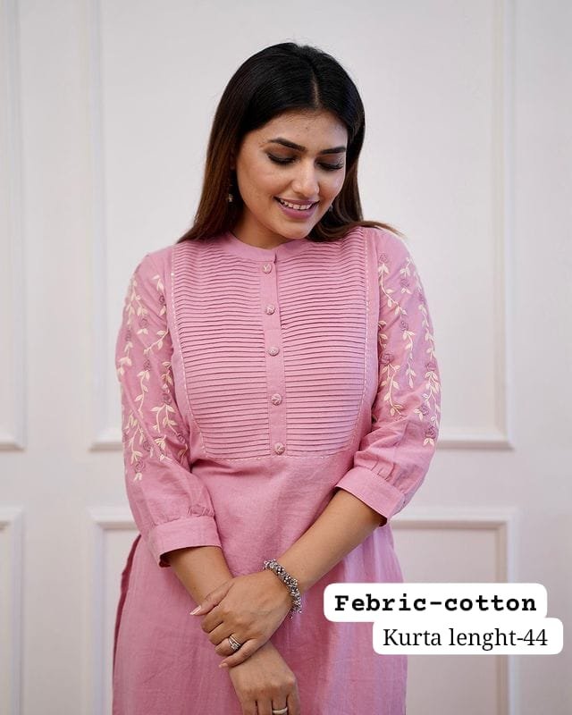 Pink Kurti Pant Set with Embroidery & Pintex Detailing